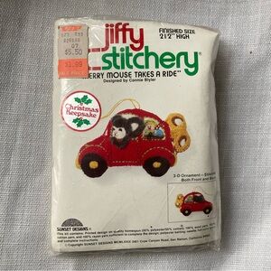 1979 Jiffy Stitchery "Merry Mouse Takes A Ride" 3D Christmas Ornament Craft Kit!
